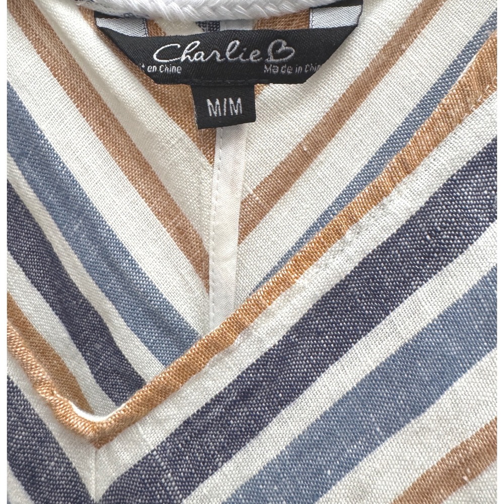 Charlie B Striped 100% Linen Maxi Dress Medium Sleeveless Blue Tan Tie Wasit - Picture 4 of 8